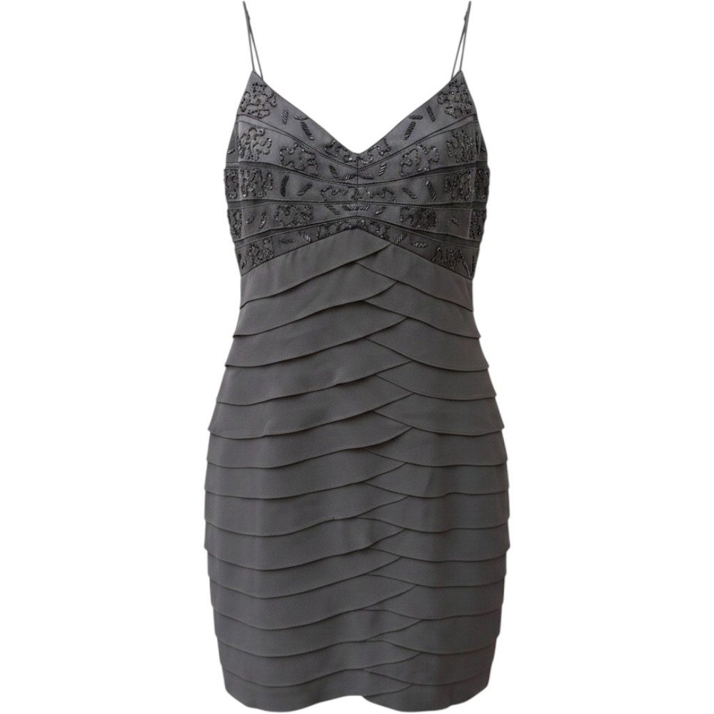 Chetta B Silk‎ Cocktail Dress 6 Grey Beaded Tiered Ruffle Spaghetti Strap Mini